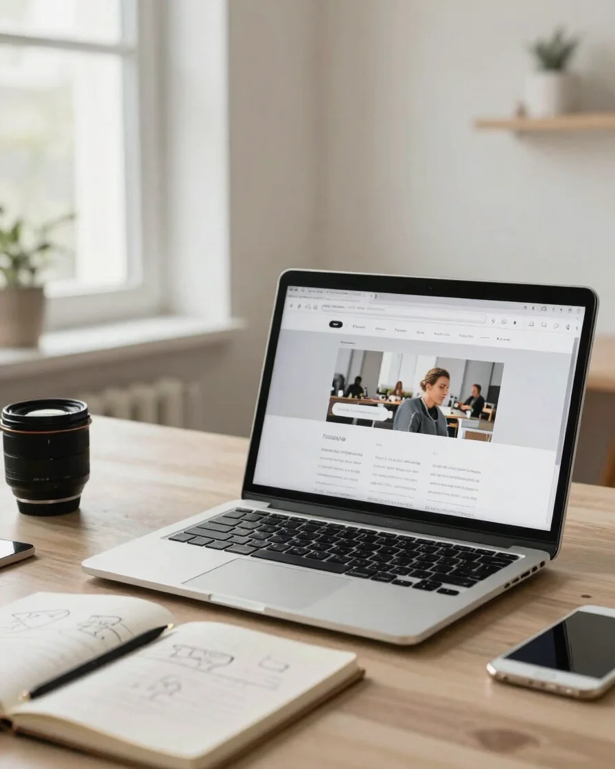 Candid editorial photograph of a bright workspace with a laptop showing a website layout in progress, a notebook with ha